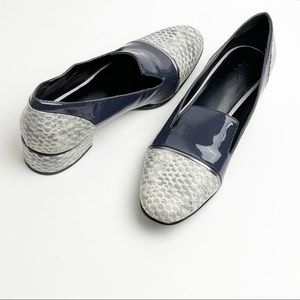 LOGO Lori Goldstein Madeline Blue Gray Leather Faux Snake Print Slip On Loafers